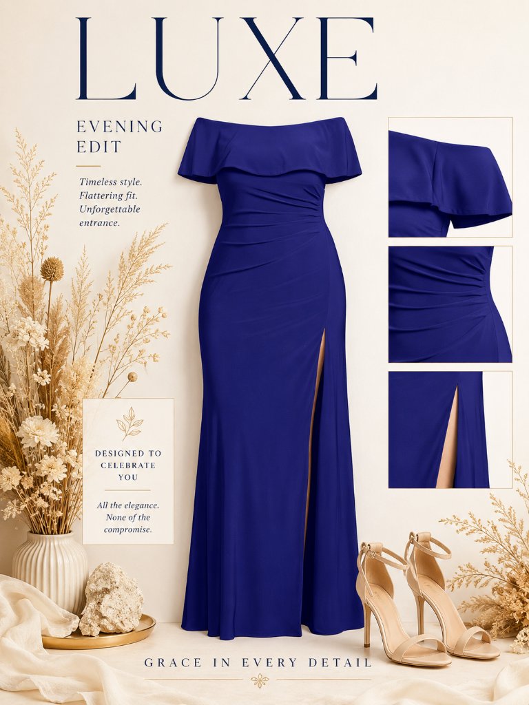 Xscape Electric Blue Ruched Off-The-Shoulder Jersey Gown 22w Nwt